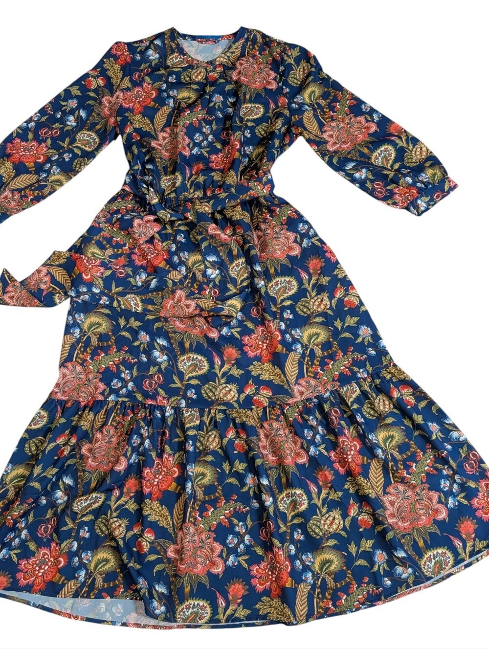 J. McLaughlin Cerina Navy Floral Baroque Bloom Tie-Waist Midi Dress Pockets L - Picture 2 of 8